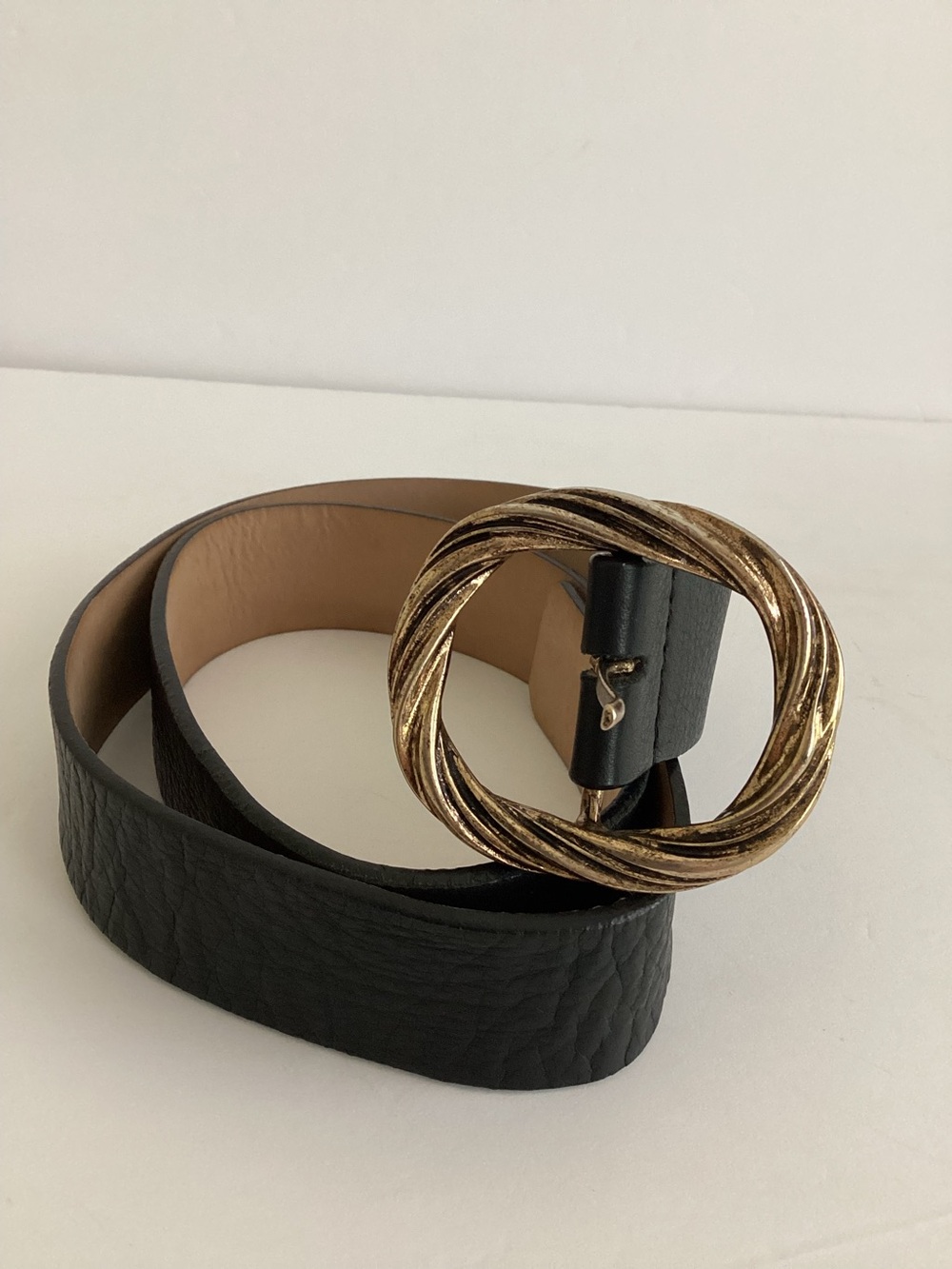 B-Low The Belt Black Leather Wide Waist Belt Twisted Gold Statement Buckle
